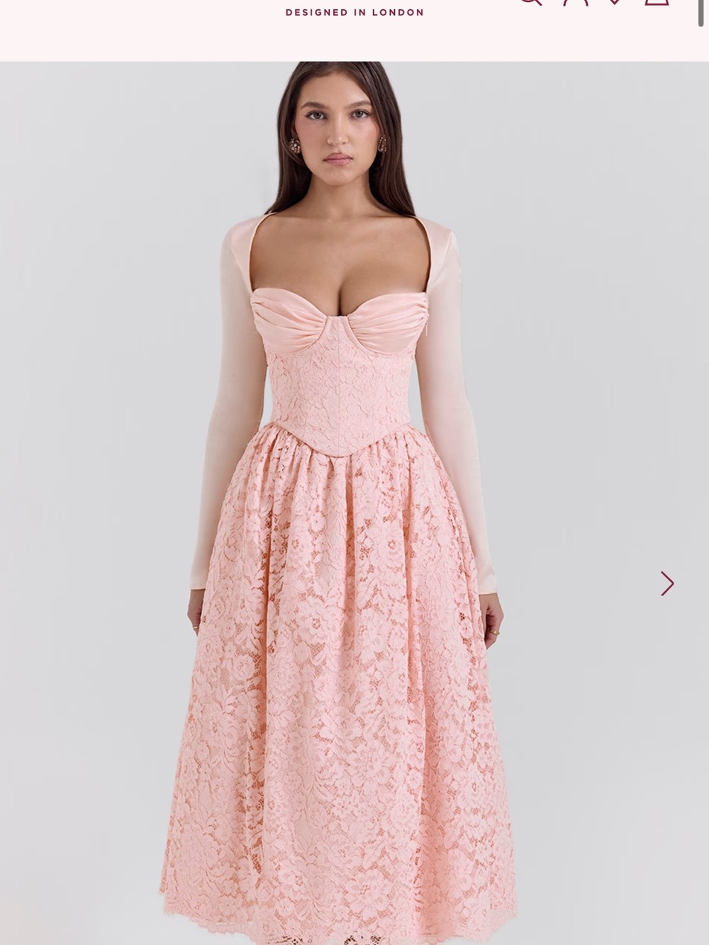 House of CB Blush Pink Lace Long-Sleeve Midi Dress